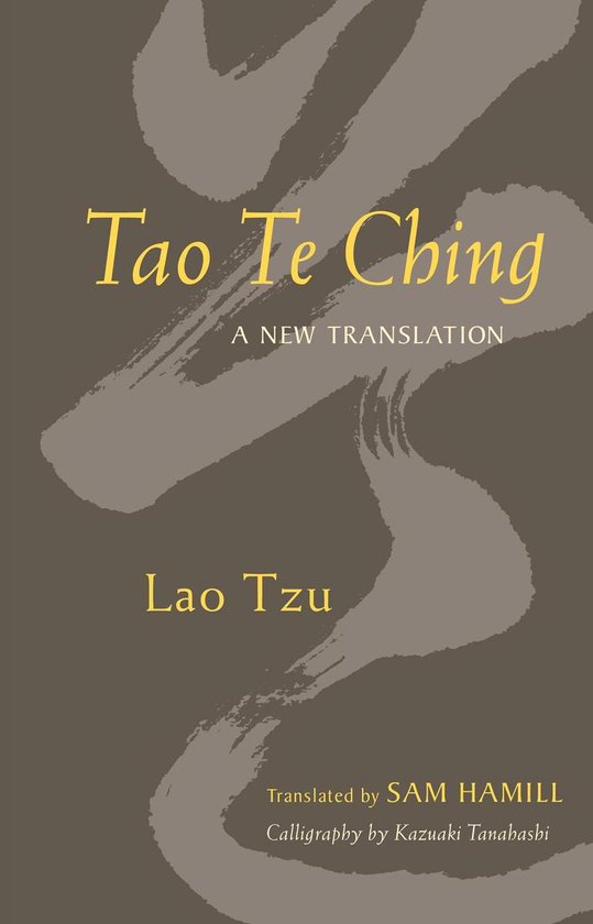 Boekomslag van Tao Te Ching, een nieuwe vertaling van Lao Tzu. Goudkleurige tekst op een bruine achtergrond met penseelstreken.