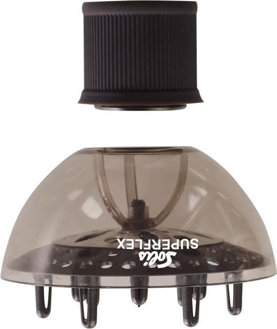 Zwarte diffuser met transparante kap en losse zwarte adapter bovenaan.