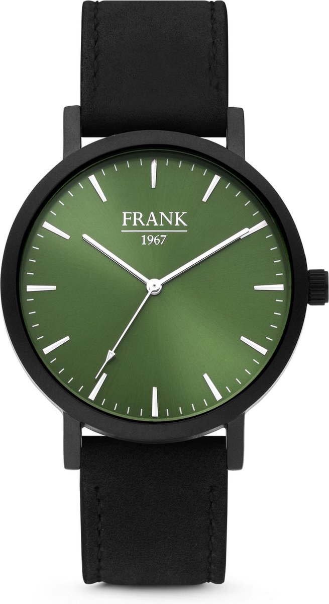 Frank 1967 7FW-0004 - Metalen horloge met lederen band - zwart en groen -Doorsnee 42 mm