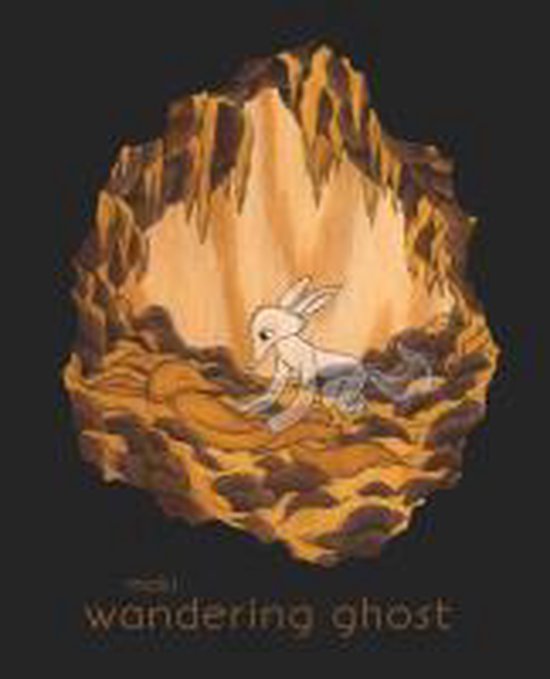 Een witte vos met grijze accenten in een grot, met het opschrift 'wandering ghost'.