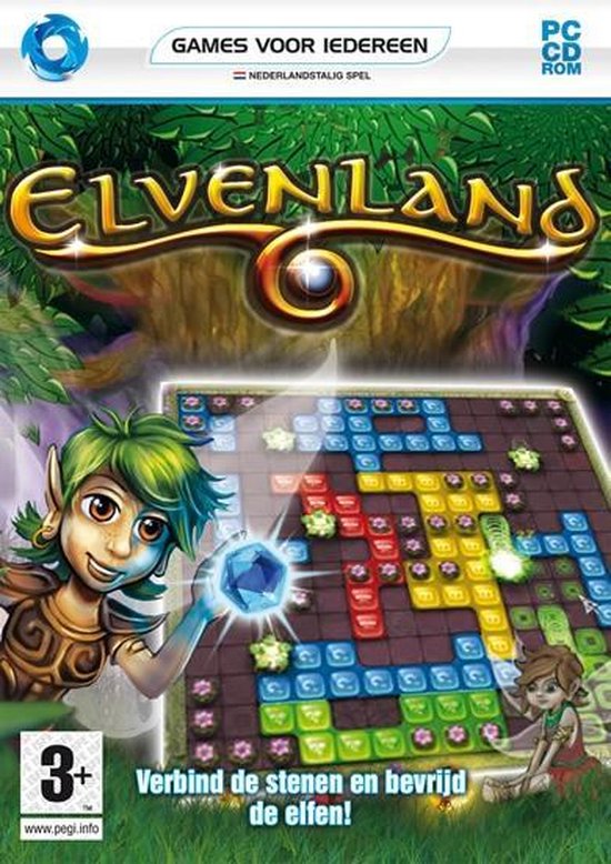PC spel "Elvenland". Elfen, edelstenen en een spelbord met gekleurde stenen. Speel "Verbind de stenen en bevrijd de elfen!".