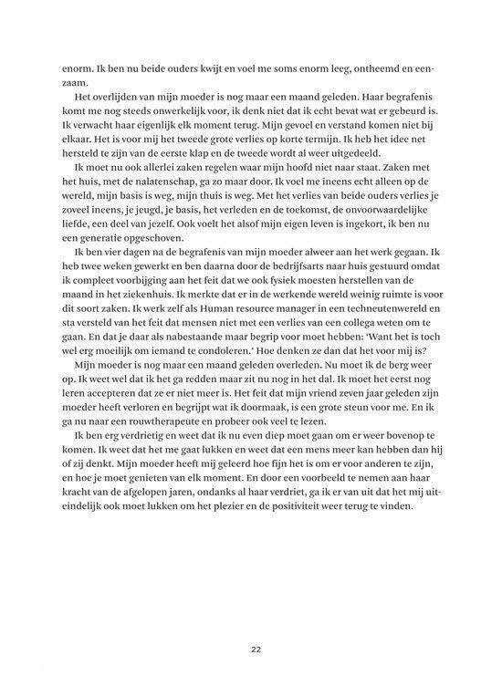 Pagina met tekst over het overlijden van de moeder en de impact op het werk.