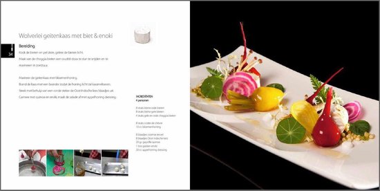 Gebakken bietjes met geitenkaas, enoki, quinoa en appel-honing dressing.