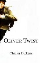 Jonge jongen met pet en jas rent. Titel "Oliver Twist" door Charles Dickens.