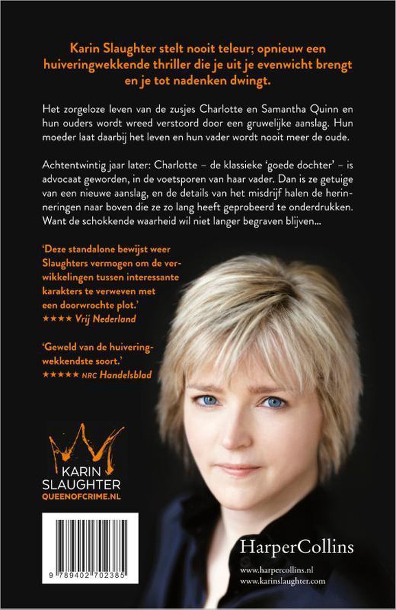 Portret van een blonde vrouw met blauwe ogen. Ze draagt een zwart jasje. Achterkant boek met tekst. Karin Slaughter Queen of Crime.