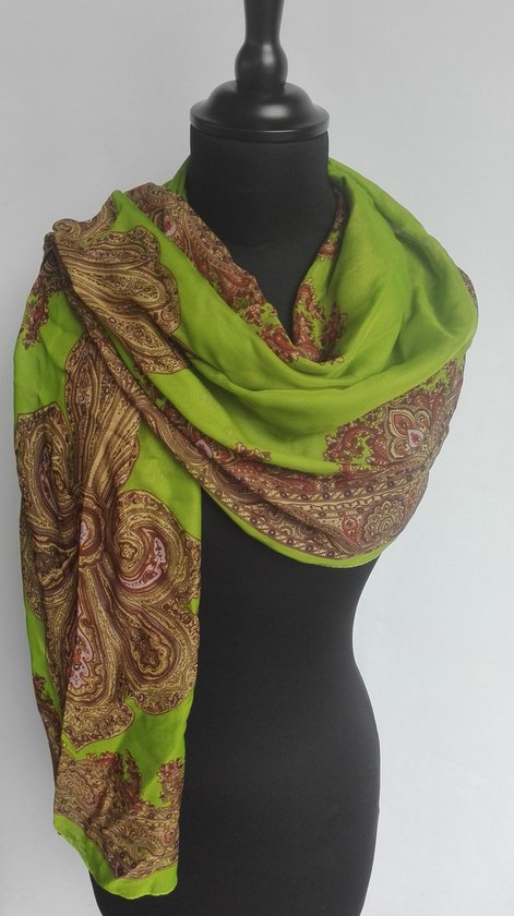 opschorten G Lieve Dames sjaal - chiffon - Indiase patronen - groen - beige - bruin - 48 x 150  cm | bol.com