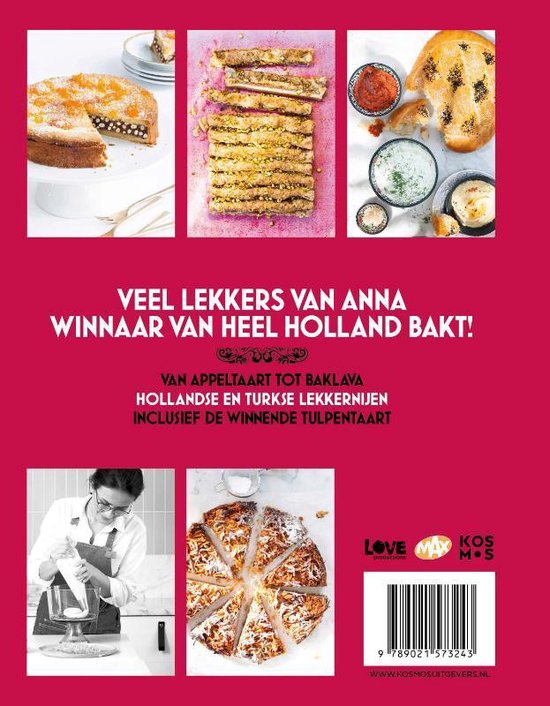 Boekomslag met taarten, baklava, brood, dips en Anna aan het bakken. 'Veel lekkers van Anna' winnaar van Heel Holland Bakt.