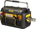 Zwarte en gele STANLEY FatMax gereedschapstas met gereedschap, meetlint en waterpas.