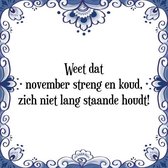 Tegeltje met Spreuk (Tegeltjeswijsheid): Weet dat november streng en koud, zich niet lang staande houdt! + Kado verpakking & Plakhanger