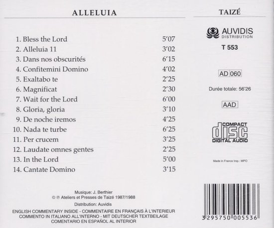 Achterkant van een cd met de titel 'ALLELUIA' en 'TAIZÉ'. Tracklist en cd-informatie.