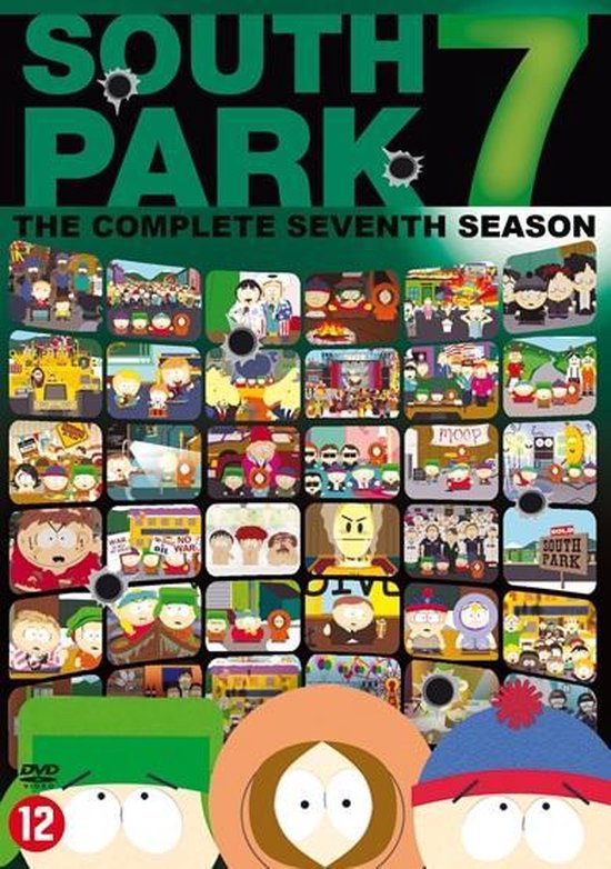 DVD-hoes van South Park seizoen 7 met Kenny, Cartman en Stan op de voorgrond en vele scènes uit de serie verspreid over de hoes.