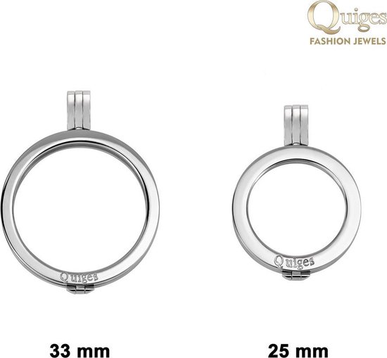 Twee zilverkleurige munthouders van 33 mm en 25 mm, met Quiges logo.