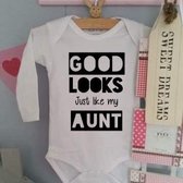 Baby Romper met tekst | Good looks Just like my Aunt ( liefste tante )   | Lange mouw | zwart wit | maat 50/56 | cadeau voor - kraamcadeau nichtje neefje geboren – kraamgeschenk  z