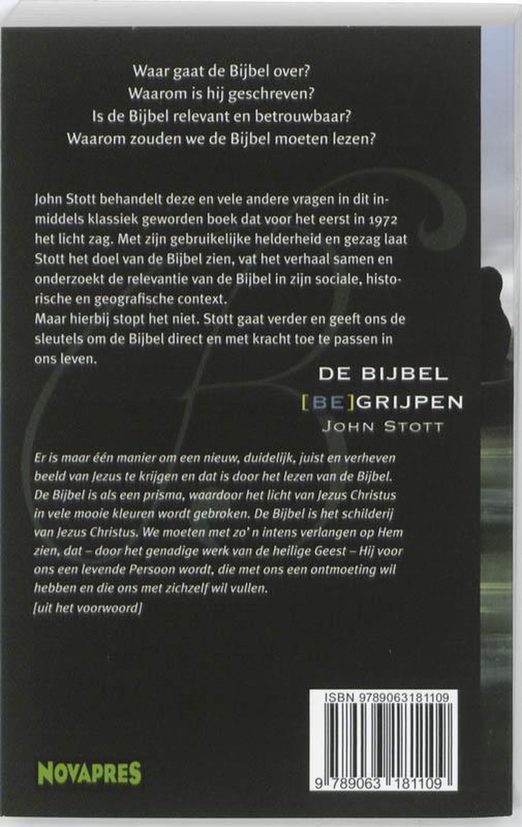 Achterkant boek 'De Bijbel [Be]grijpen' van John Stott met tekst en ISBN.