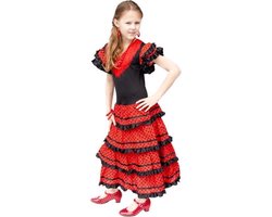 foto van Spaanse Flamenco jurk - Zwart/Rood - Maat 116/122 (8) - Verkleed jurk kind verkleedkleding meisje