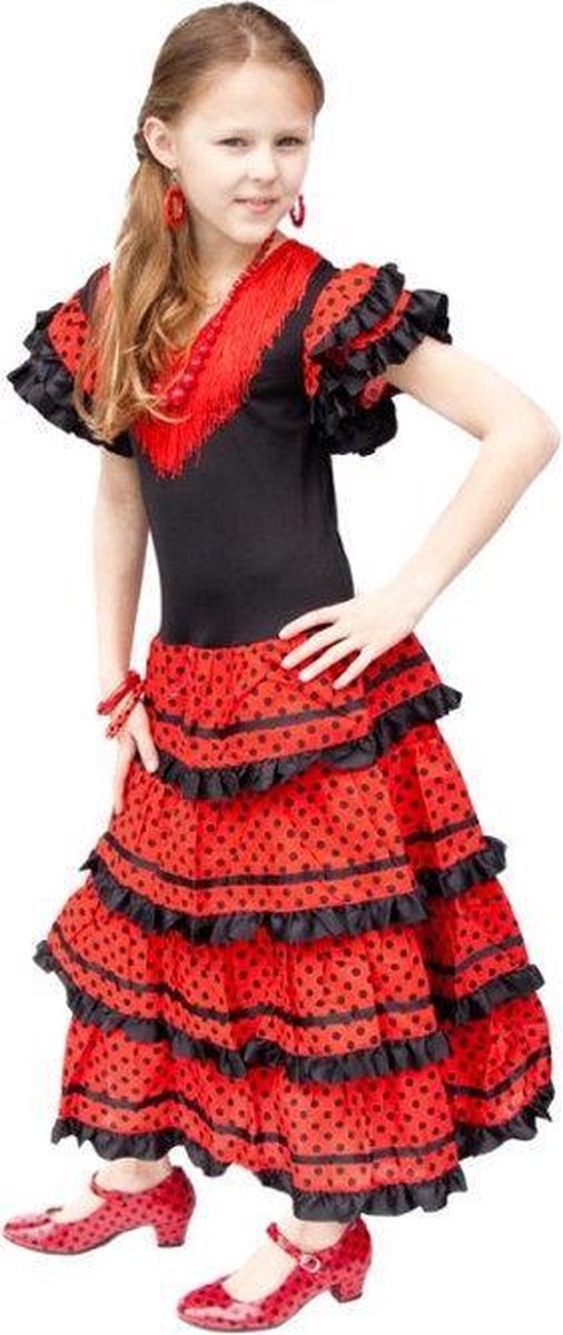 Spaanse Flamenco jurk - Zwart/Rood - Maat 116/122 (8) - Verkleed jurk kind verkleedkleding meisje
