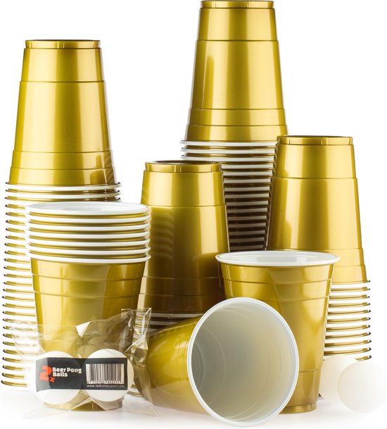 100 American Gold Cups - 500ml Gouden Party Bekers - Original  Beer Pong - Red Celebration