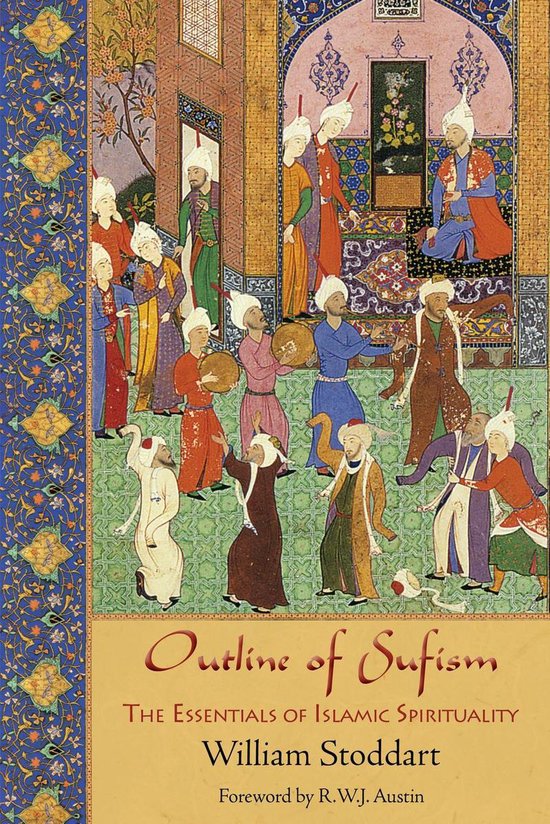 De omslag van het boek 'Outline of Sufism' met een Perzische miniatuur van figuren in traditionele kledij en de titel.
