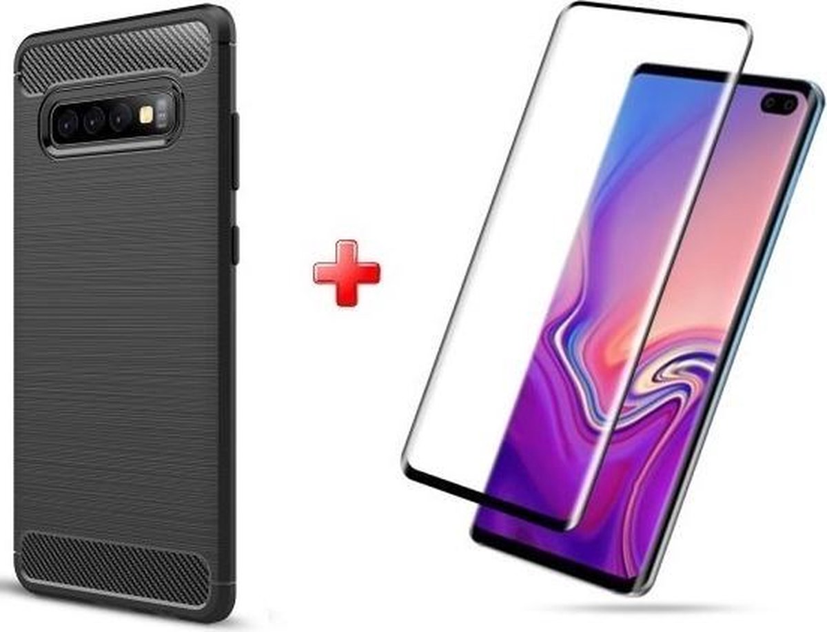 Silicone gel zwart hoesje Telefoonhoesje geschikt voor Samsung Galaxy S10 Plus met full cover glas screenprotector
