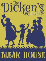 Silhouet van Victoriaanse personages met de tekst "The Dicken's Collection" en "Bleak House" op een okergele achtergrond.