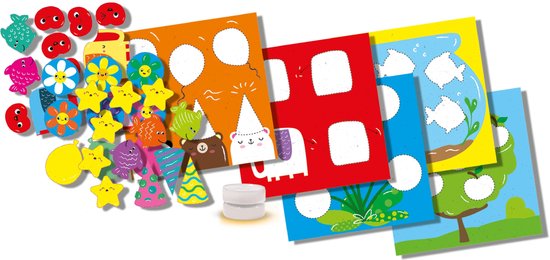 Losse SES Creative My First stickervormpjes: rode appels, vissen, bloemen, sterren en feestmutsen. Kaarten met afbeeldingen van sterren, een boom, een aquarium, een olifant en een beer.
