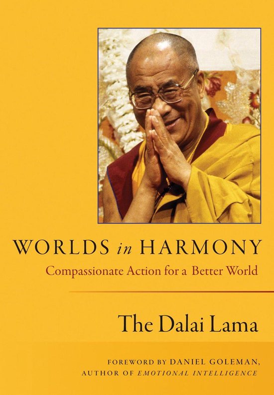Boekomslag met de Dalai Lama, met de titel WORLDS in HARMONY: Compassionate Action for a Better World.