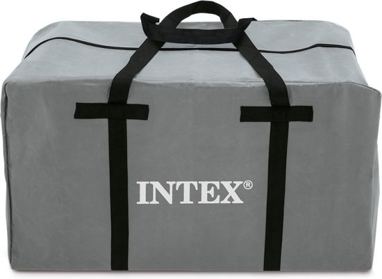 Grijze opbergtas met zwarte handvatten en "INTEX" logo, wit opdruk.