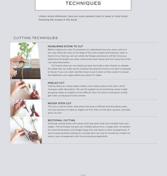 Illustraties van handen die bloemstelen knippen met scharen, met labels zoals 'CUTTING TECHNIQUES', 'MEASURING STEMS TO CUT', 'ANGLED CUT', 'WOODY STEM CUT' en 'SECTIONAL CUTTING'.
