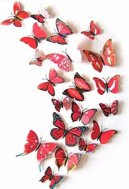 Rode 3d vlinders / Kleurrijke muurdecoratie vlinders / kinderkamer, babykamer en slaapkamer