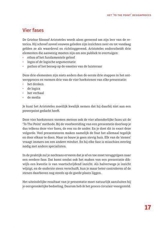 Pagina met informatie over de vier fasen van de 'To The Point' methode, gebaseerd op Aristoteles' retoriek. Tekst bevat de principes ethos, logos en pathos.