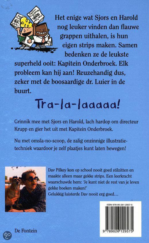Boekcover met tekening van Kapitein Onderbroek en een tekst over Sjors, Harold en de boosaardige dr. Luier.