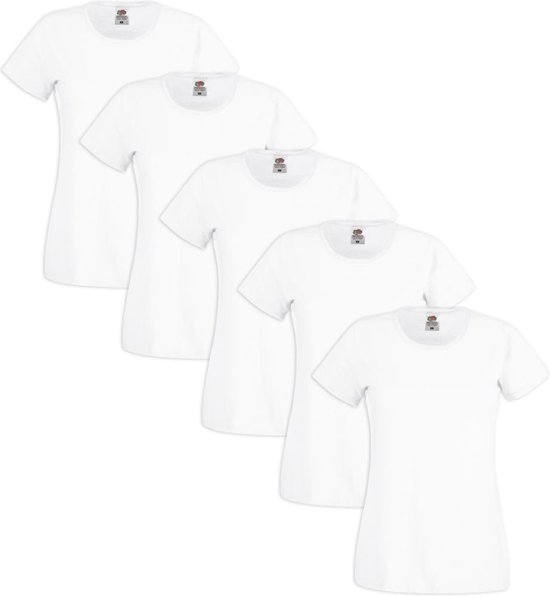 5x Fruit of the Loom Dames T-shirt ronde hals katoen Wit XXL