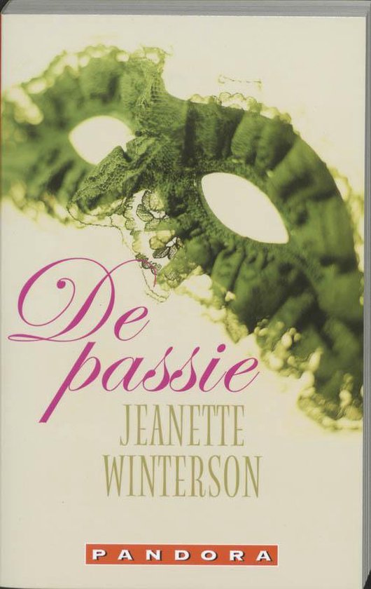 Masque vert en dentelle avec le titre 'De passie' en lettres roses.