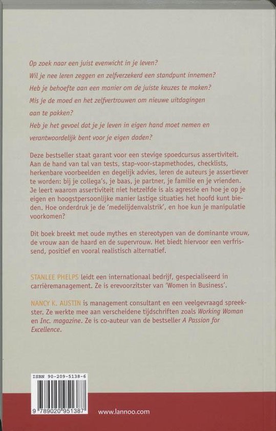 Achterkant van het boek 'De assertieve vrouw' met tekst en auteursinformatie.