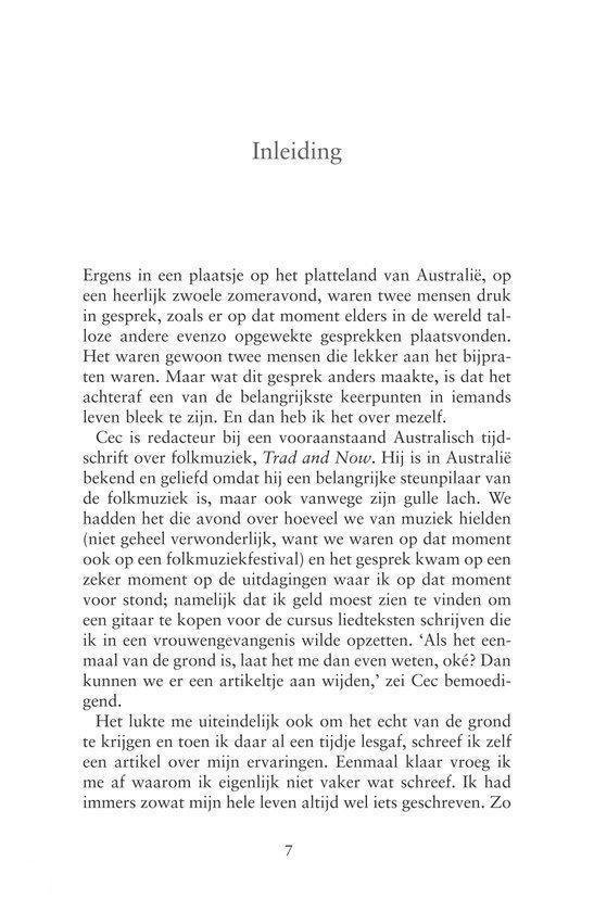 Pagina met 'Inleiding'. Tekst over een gesprek en muziek in Australië.
