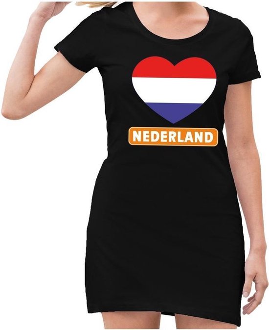 Zwart  jurkje met rood/wit/blauw hart en Nederland dames - Zwart Koningsdag kleding