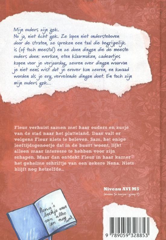 Achterkant boek 'De Ontdekking van Fleur' met tekst en een illustratie van een boekje.