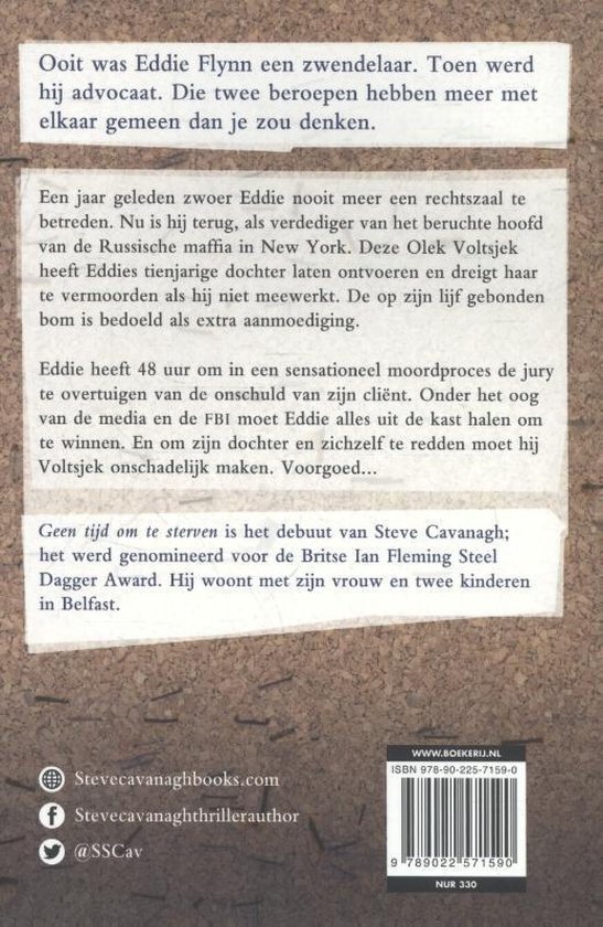 Achterkant boek "GEEN TIJD OM TE STERVEN" met de plot, auteurinfo en ISBN.