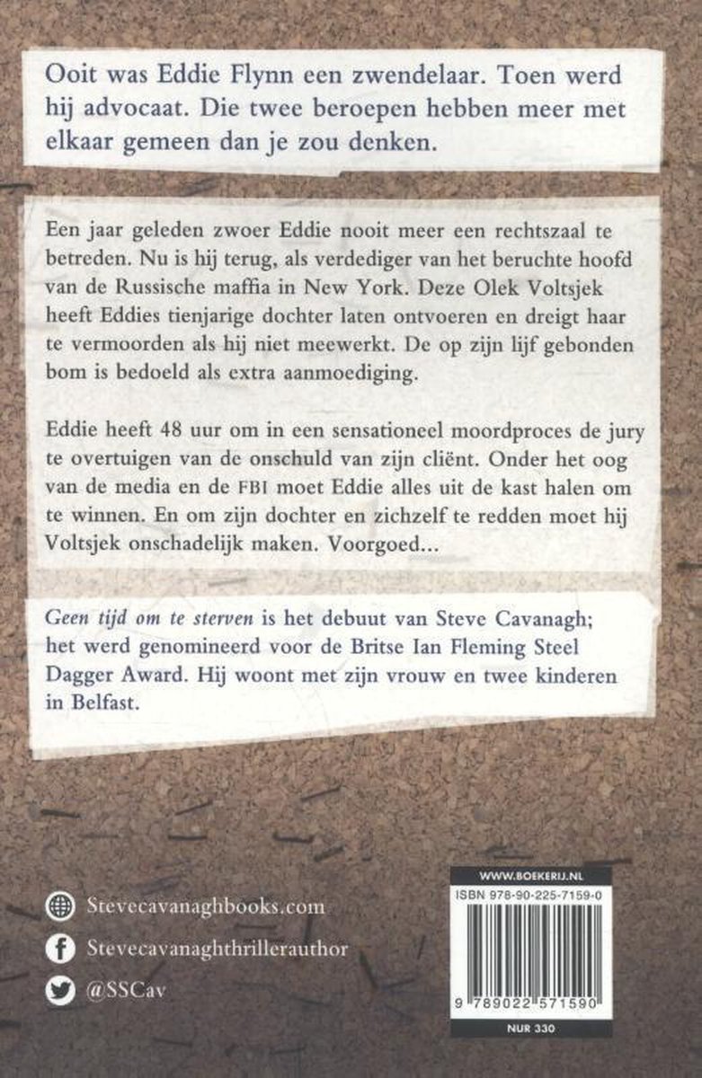 Achterkant boek "GEEN TIJD OM TE STERVEN" met de plot, auteurinfo en ISBN.