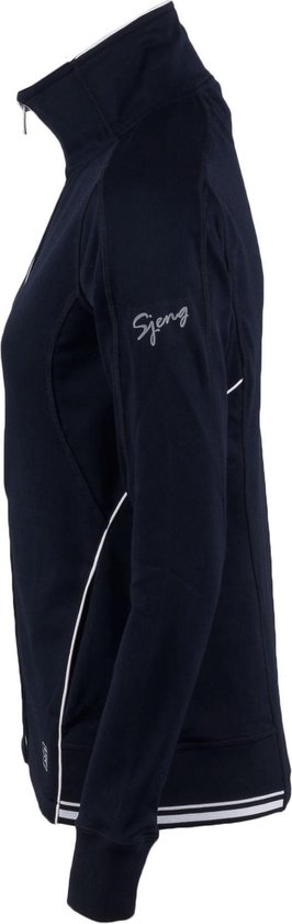 Zijaanzicht van een donkerblauw trainingsjack voor dames met witte biezen en een logo op de mouw.