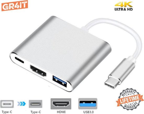 Premium USB-C 3 in 1 Adapter| USB-C naar HDMI (4K), USB A en USB C Opladen  | Type C To... | bol.com