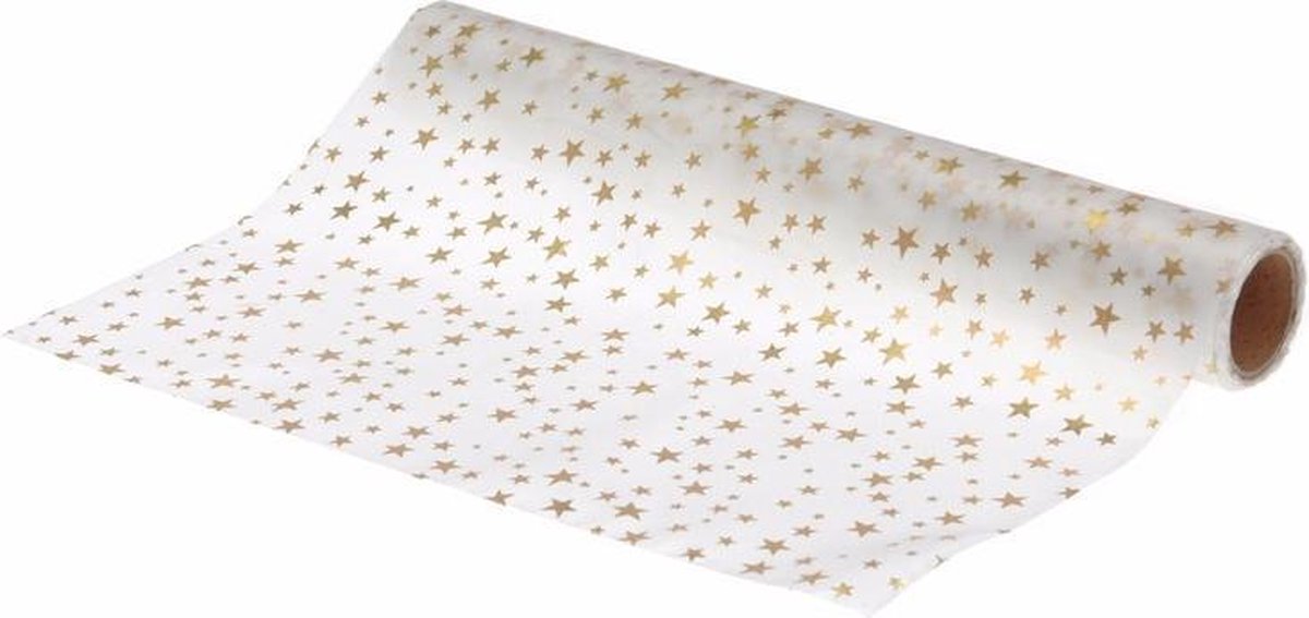 Kerst diner tafelloper transparant met sterren goud 500 x 28 cm - satijn - Kerst tafeldecoratie - Tafelkleden - Merkloos