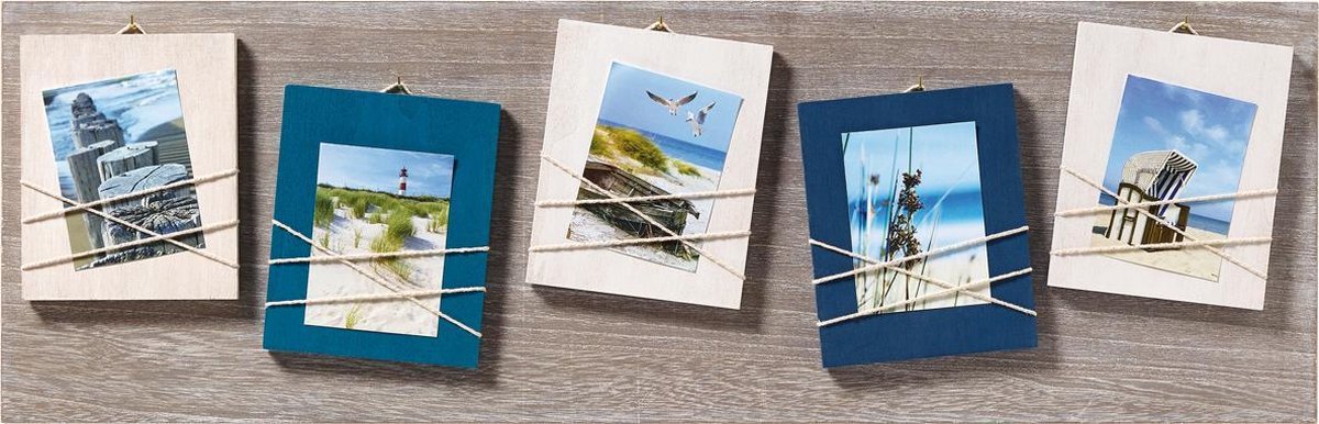 Walther La Casa - Houten galerij lijst - met koord applicatie - Fotoformaat 5 foto's 8x11 cm - Blauw/Wit Blauw;Grijs;Wit