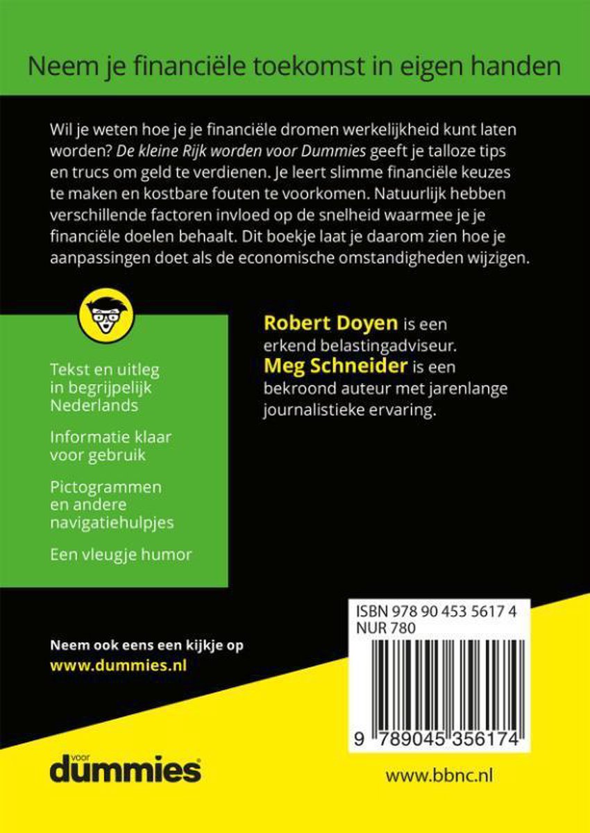 Arrière du livre "De kleine Rijk worden voor dummies". Titre, texte, informations sur les auteurs, ISBN et code-barres.
