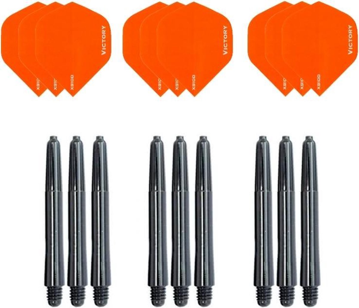 3 sets (9 stuks) Super Sterke Oranje Poly XS100 - flights - en 3 sets (9 stuks) zwarte - shafts