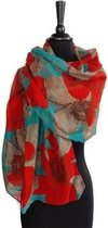 Dames sjaal - bloemen - viscose - petrol groen - oranje - bruin - zand - 90 x 180 cm