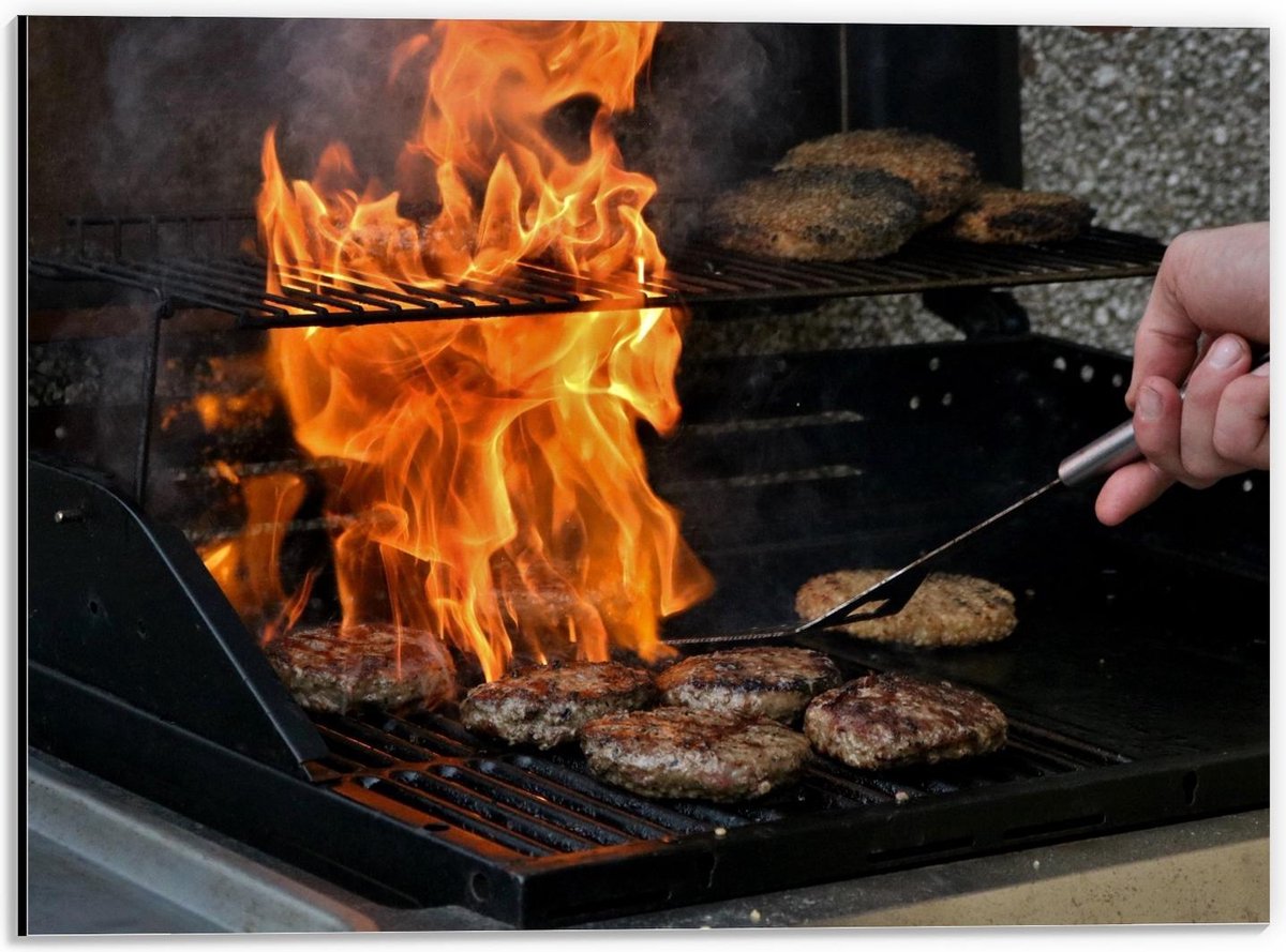 Dibond - Burgers en Vuur op de Barbecue - 40x30cm Foto op Aluminium (Wanddecoratie van met