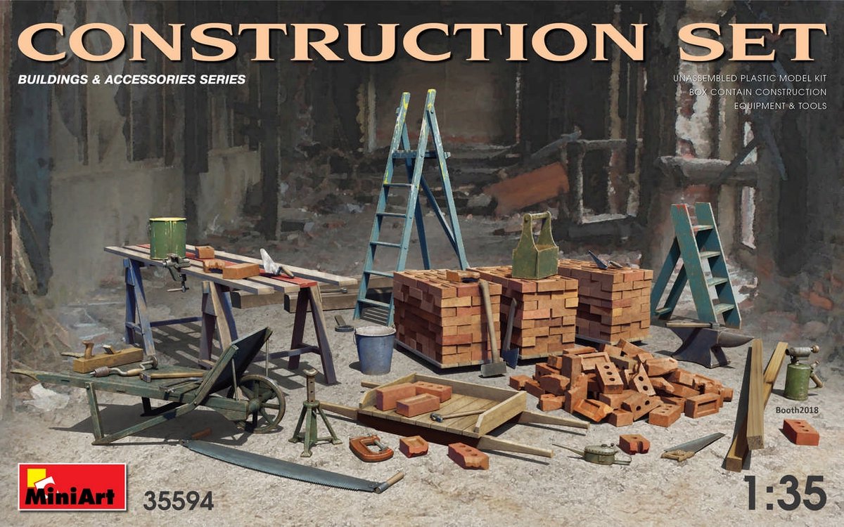 MiniArt Modelbouwpakket Militaire voertuigen - 35594 Constructie Set - Ladders, Tafel, Emmers, Bakstenen, Kar, Aambeeld, Balken, Kriksteun en Gereedschap Plastic - 1:35 - Modelbouw