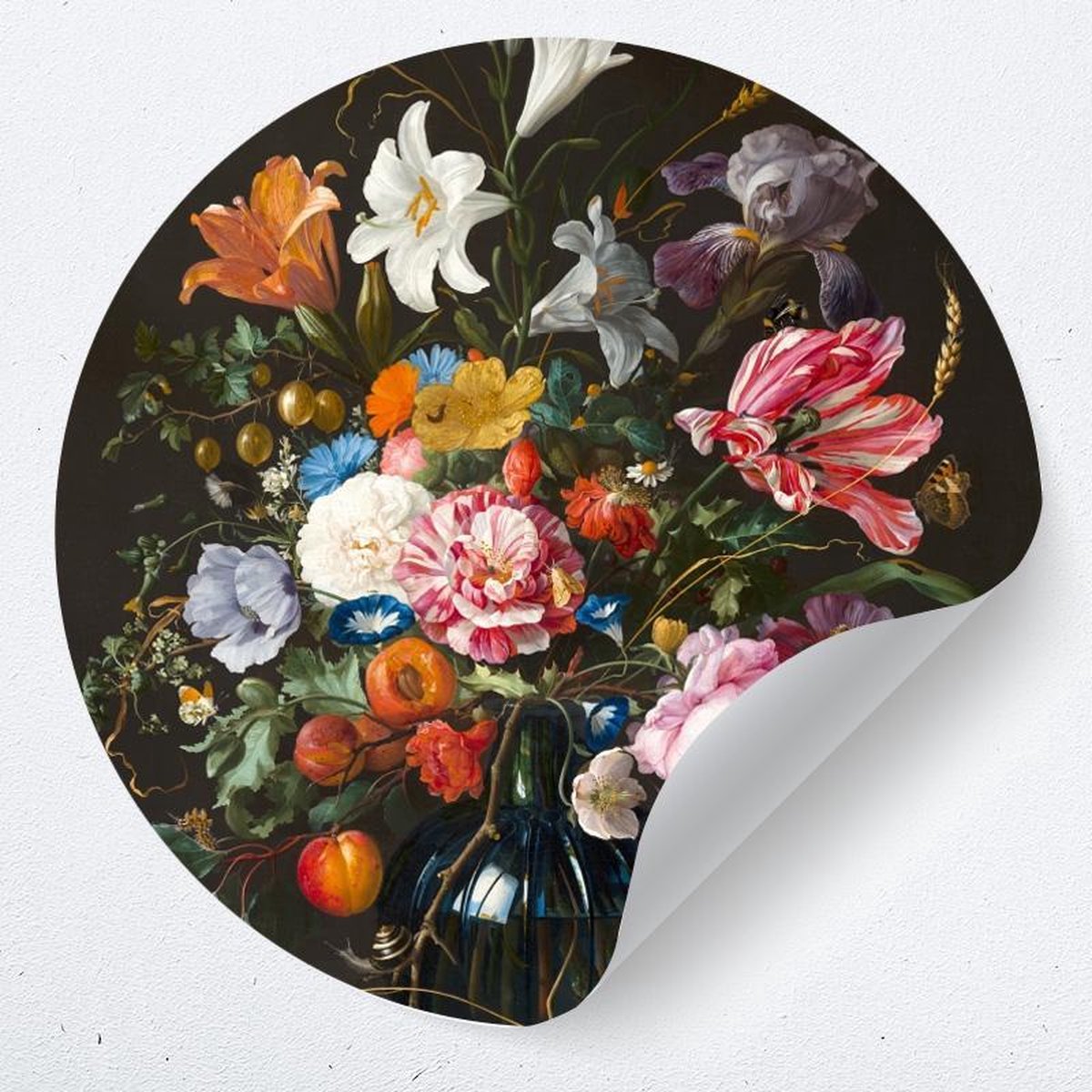 Muurcirkel bloemen | behangcirkel stilleven | Jan Davidsz "Vase of flowers" | muursticker cirkel groot | woonkamer muur decoratie accessoires | rond schilderij kunstwerk