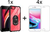 iPhone SE 2020/SE 3 (2022) hoesje Kickstand Ring shock proof case transparant zwarte randen armor magneet - 4x iPhone SE 2020/SE 3 (2022) Screenprotector